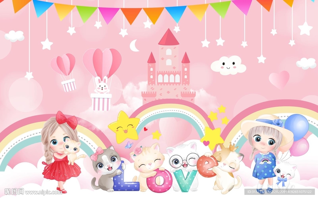 儿童粉色彩虹女孩背景墙图片
