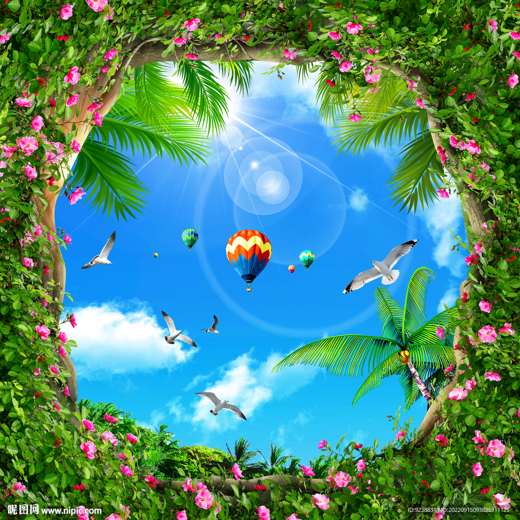 蓝天白云椰子树