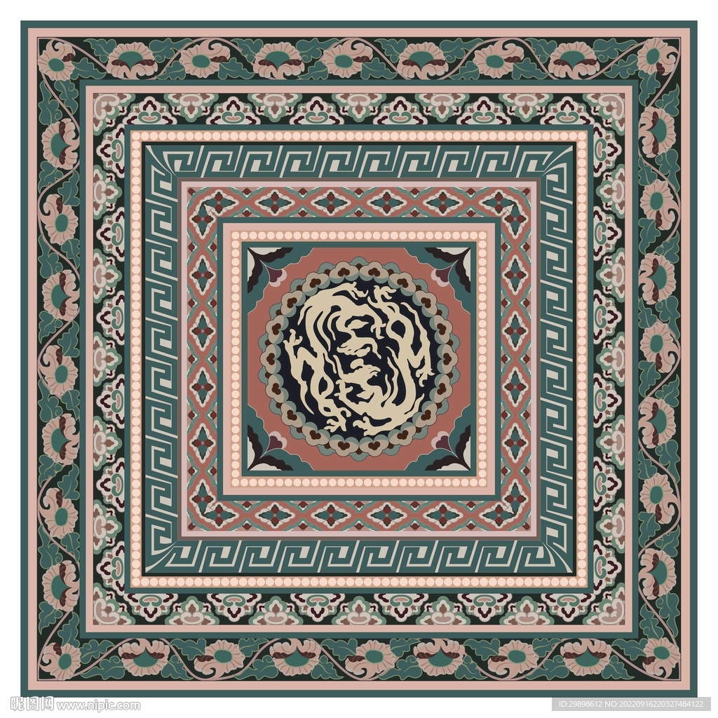 敦煌壁画凤头双龙团花纹藻井图案