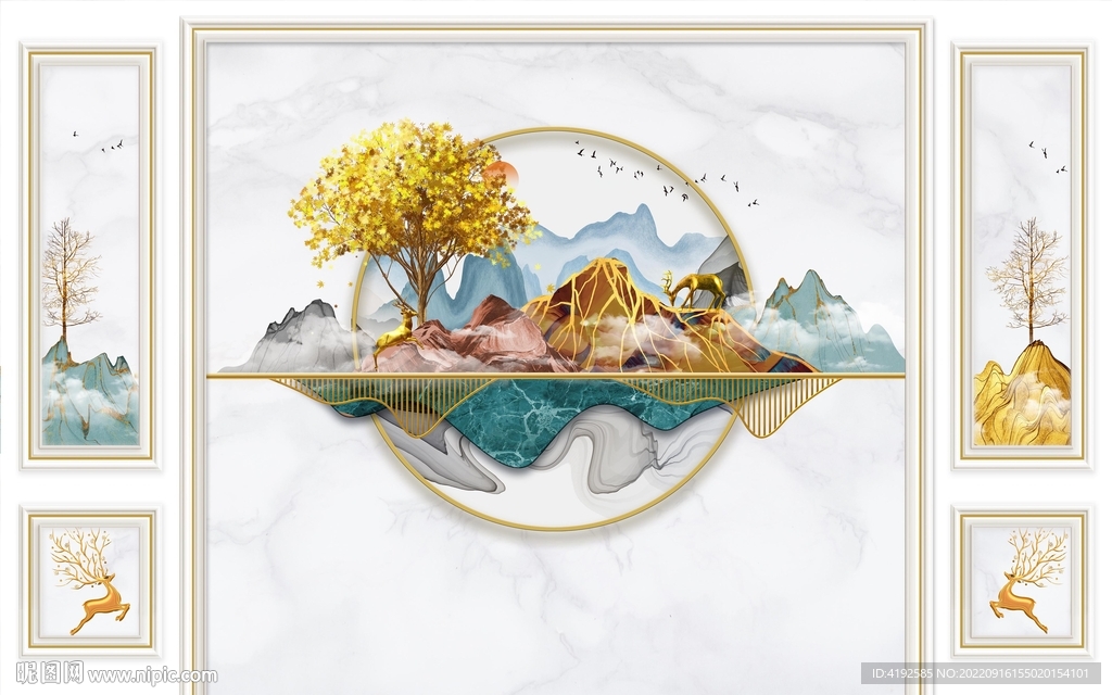 新中式发财树麋鹿背景墙