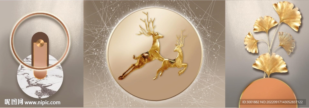 轻奢装饰画 光影画 麋鹿三联画