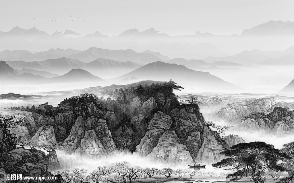 国画灰色意境山水 TiF分层