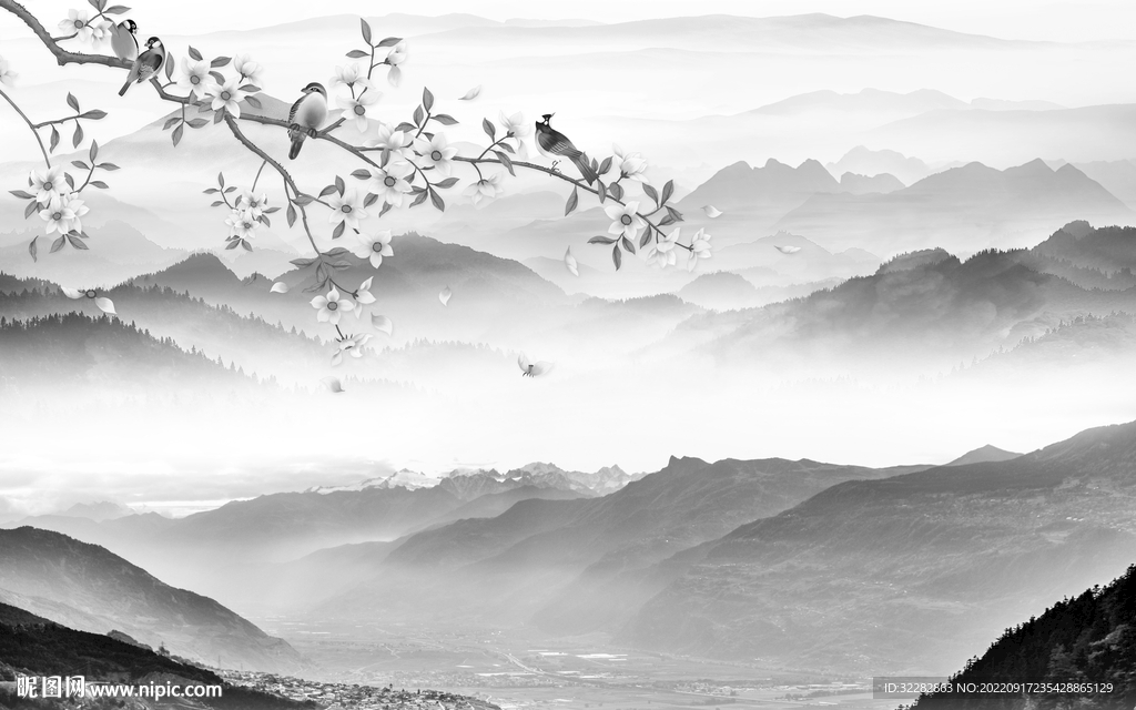 最新灰色意境山水 TiF分层