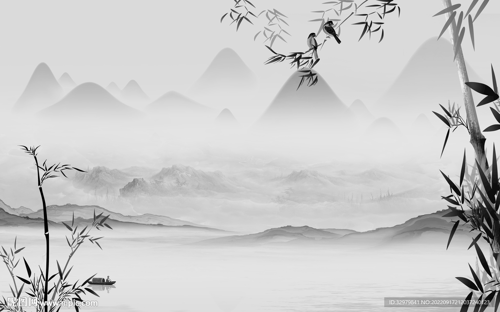 竹子中式背景山水 tif分层