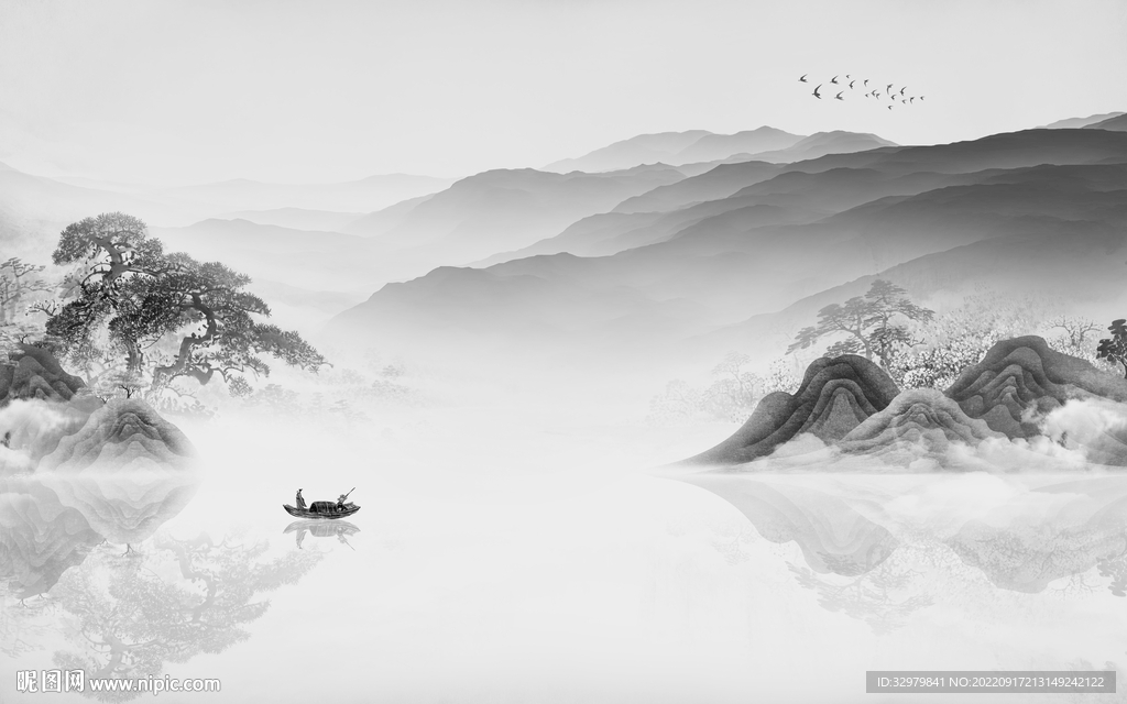 简约中式背景山水 tif分层