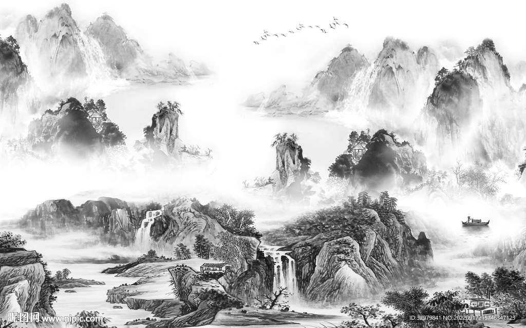 别墅中式背景山水 tif分层