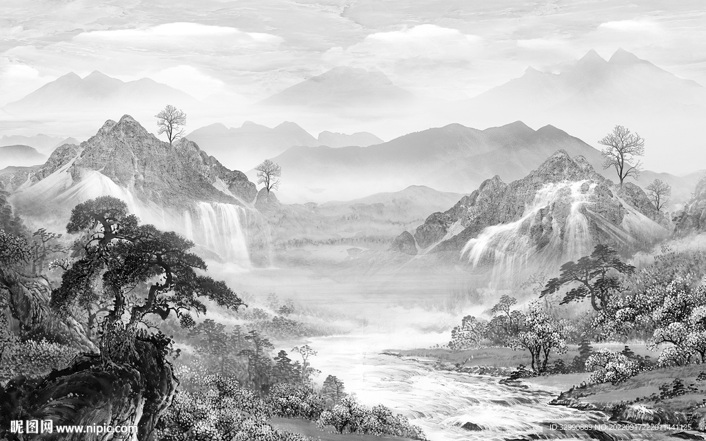 背景墙高档灰色山水 tif分层