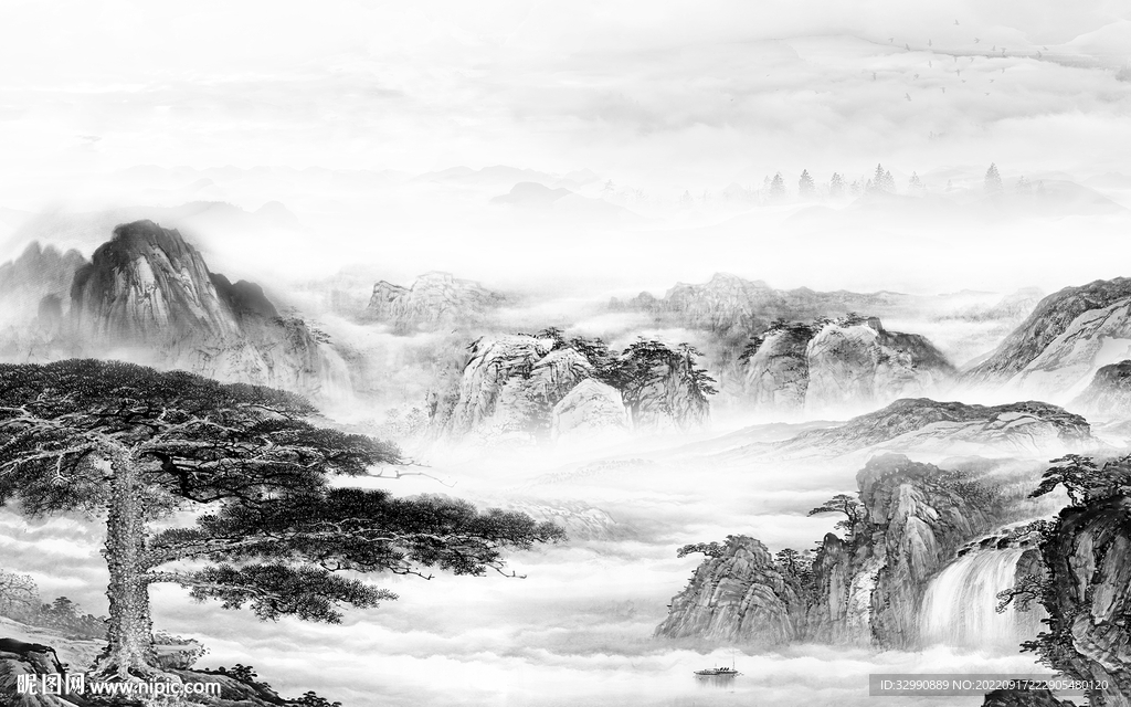 国画高档灰色山水 tif分层