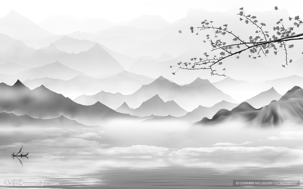 新中式高档灰色山水 tif分层