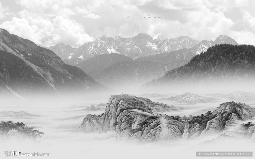 中式高档灰色山水 TiF分层