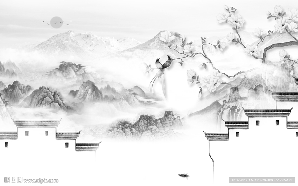 花鸟 高档灰色山水 TiF分层