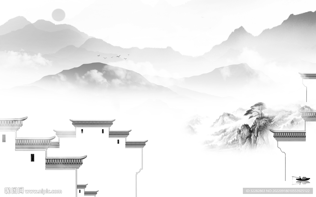 背景墙灰色中式山水 TiF分层