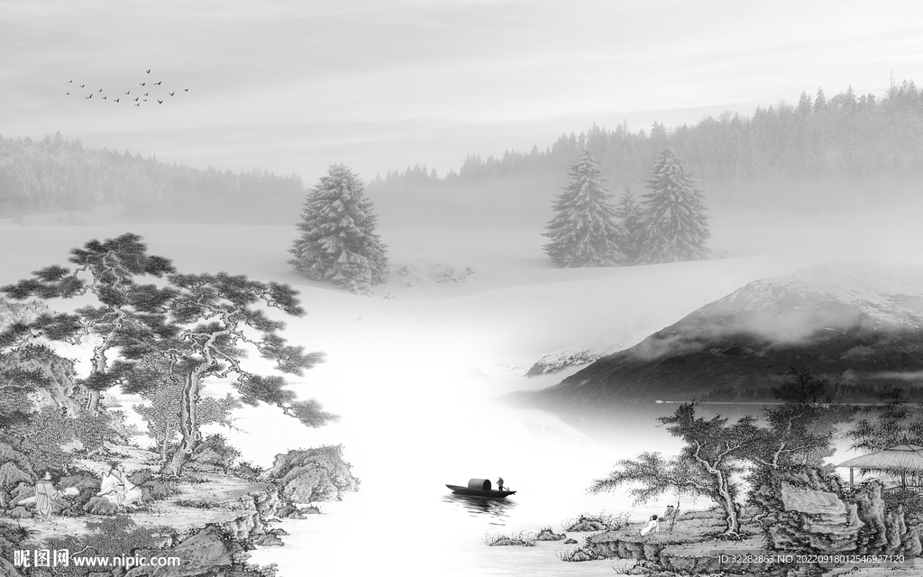 高清 高档灰色山水 TiF分层