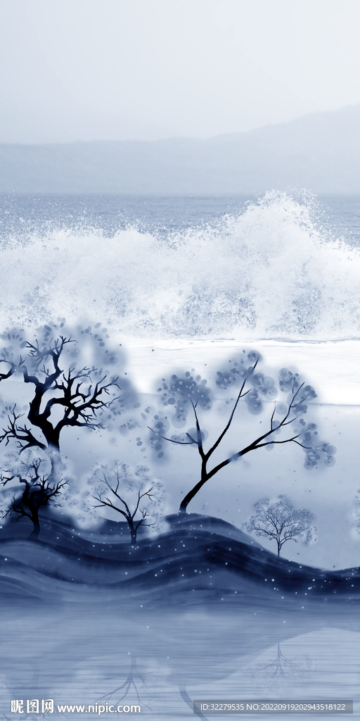 蓝色山水意境玄关 Tif分层