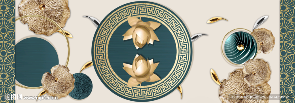 轻奢装饰画 荷花荷叶 金鱼