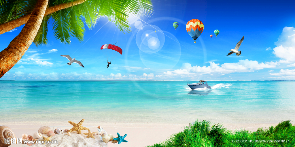 蓝天白云海滩电视背景墙