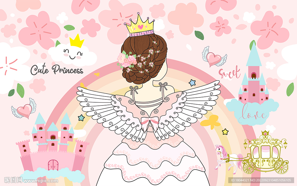 可爱卡通小公主城堡儿童房背景墙