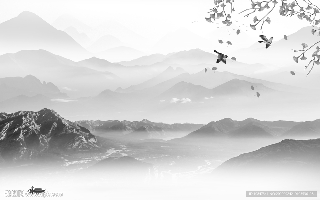 背景墙爆款灰色山水 TIf分层