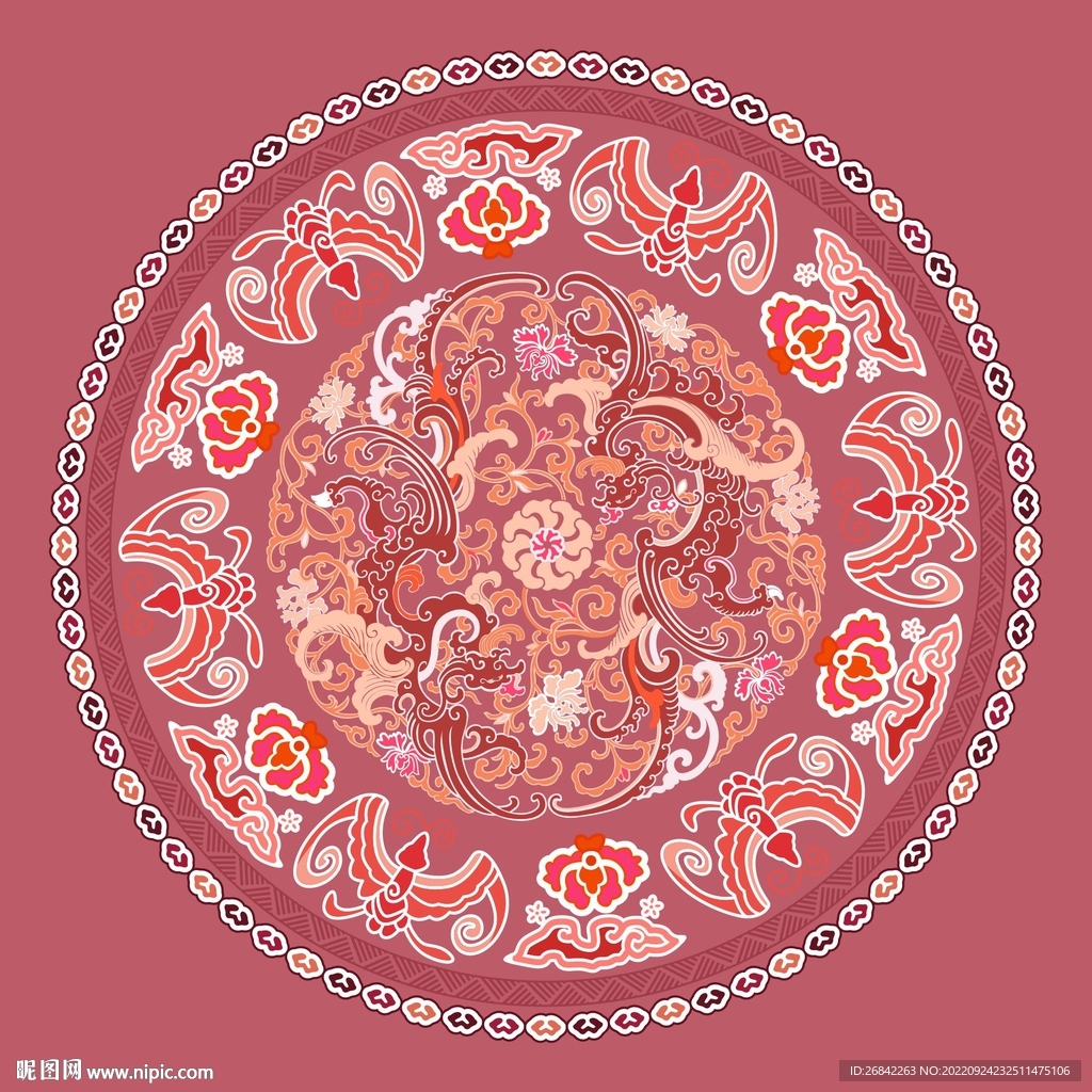 双凤凰牡丹吉祥富贵花纹 矢量图