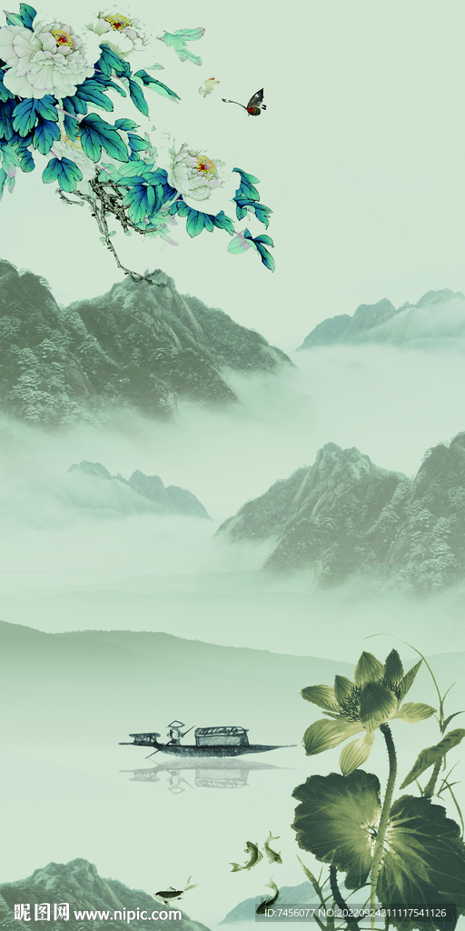 水墨山脉湖泊玄关装饰画