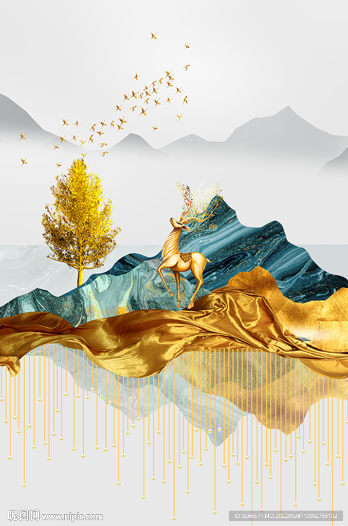 山水石来运转麋鹿装饰画晶瓷画