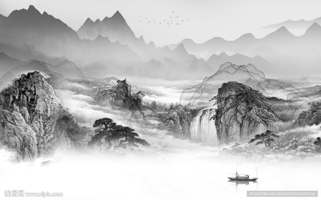 无框画灰色简约山水 Tif分层