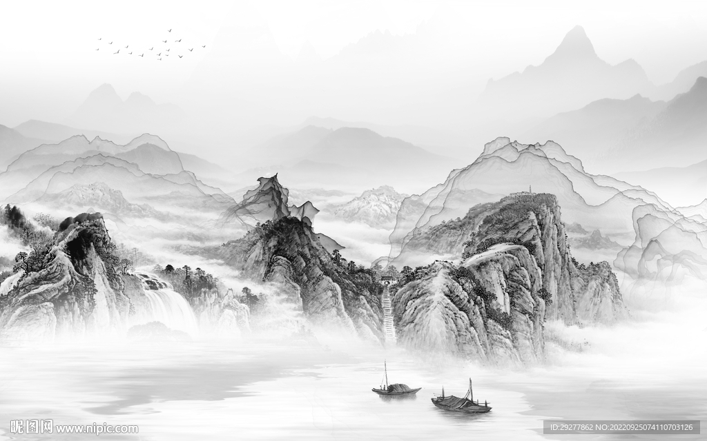 中式 灰色简约山水 Tif分层