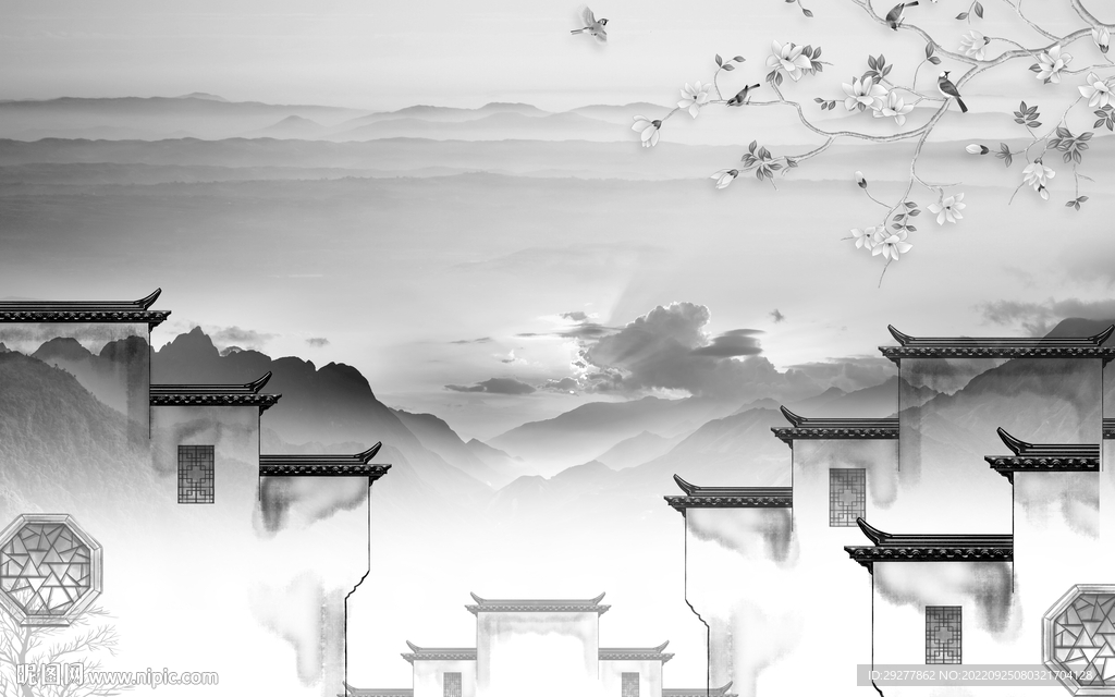 高清 灰色简约山水 Tif分层