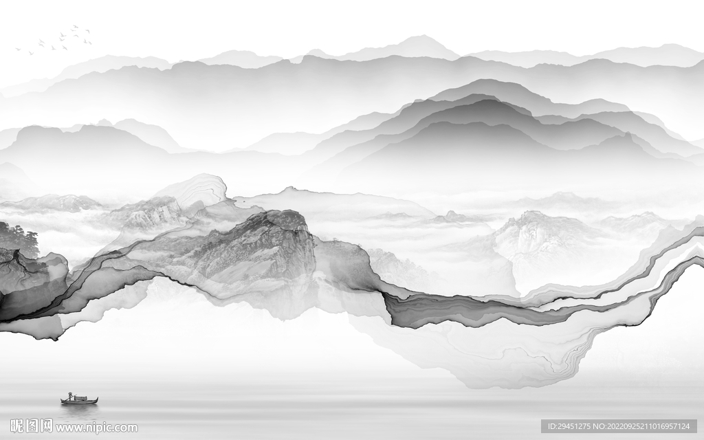 线条意境灰色山水 tIf分层