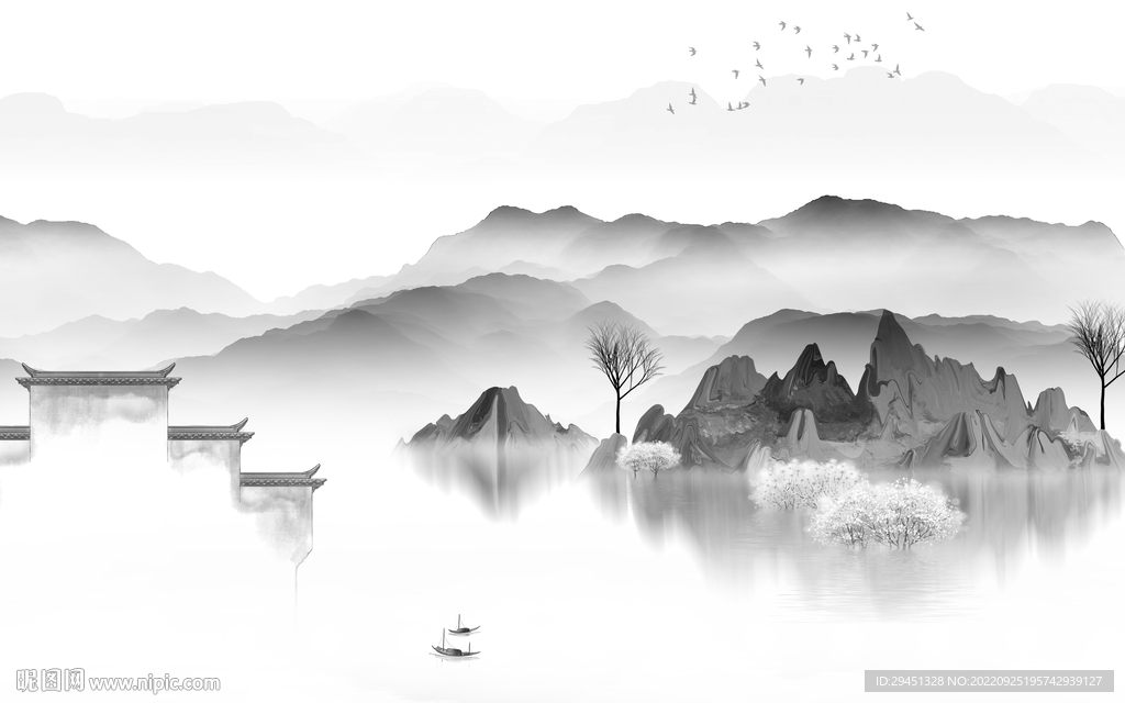 别墅 高雅灰山水画 Tif分层