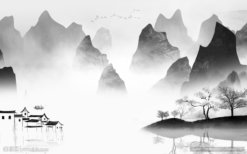 背景墙高雅灰山水画 Tif分层