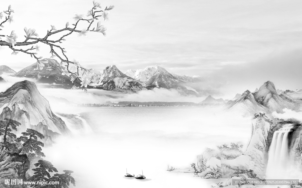 简约 高雅灰山水画 Tif分层