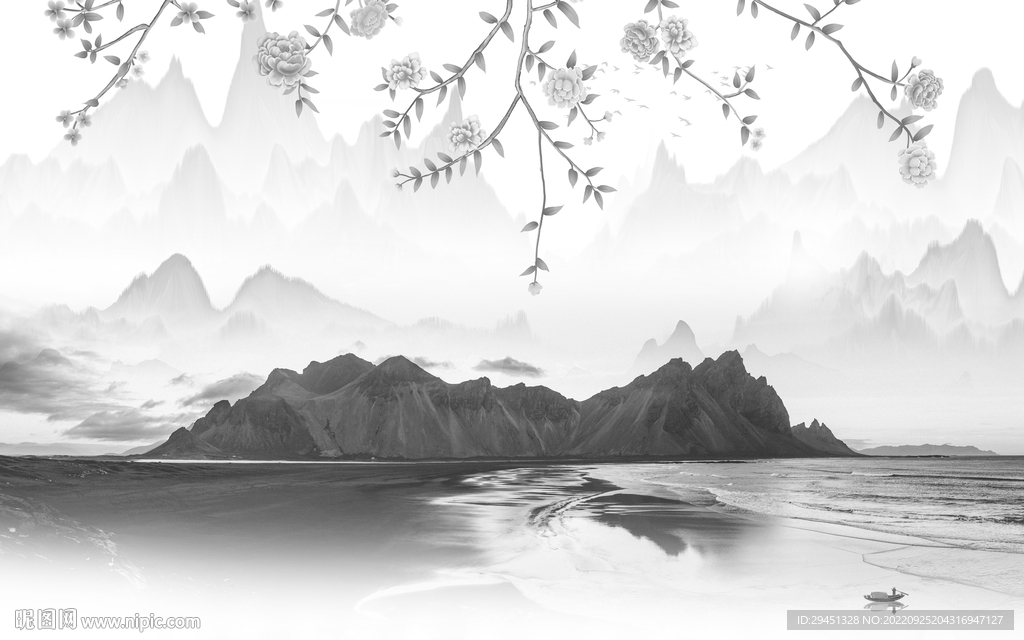 水墨高雅灰山水画 Tif分层