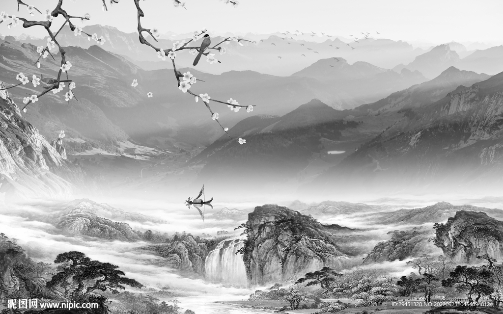 中式高雅灰山水画 Tif分层