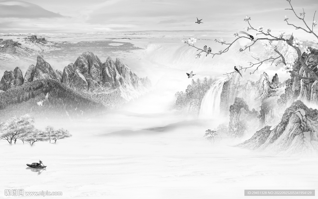 花鸟高雅灰山水画 Tif分层