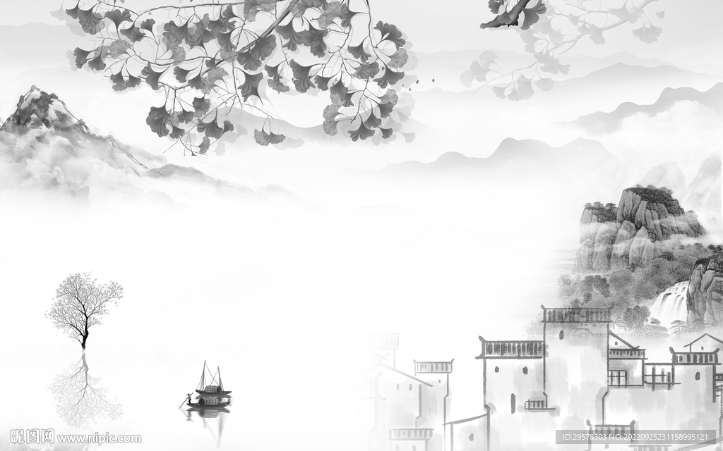 中国风新山水灰色画 TIF分层