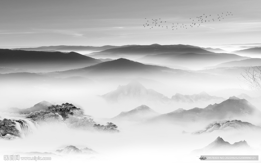 新中式新山水灰色画 TIF分层