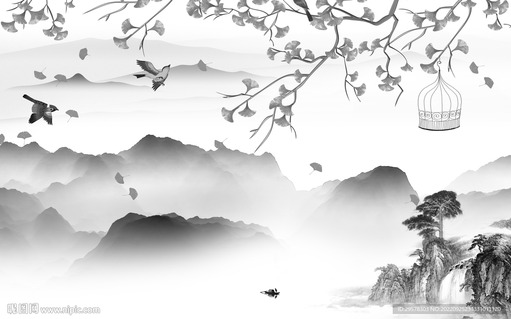 高端新山水灰色画 TIF分层