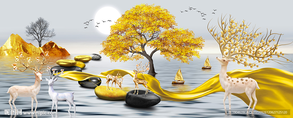 石来运转麋鹿山水发财树装饰画