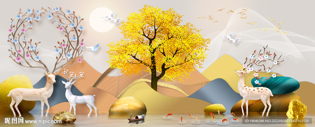 石来运转麋鹿金色发财树装饰画