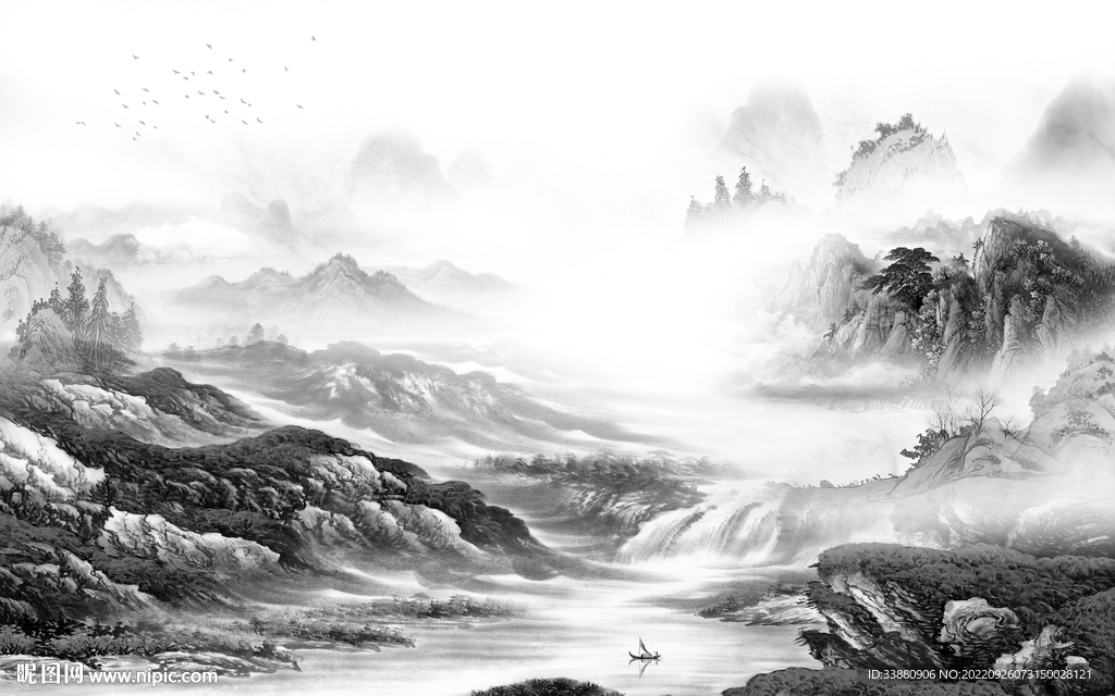 中国风简约灰色山水 tiF分层