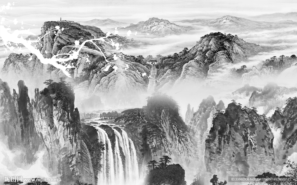 国画简约灰色山水 tiF分层