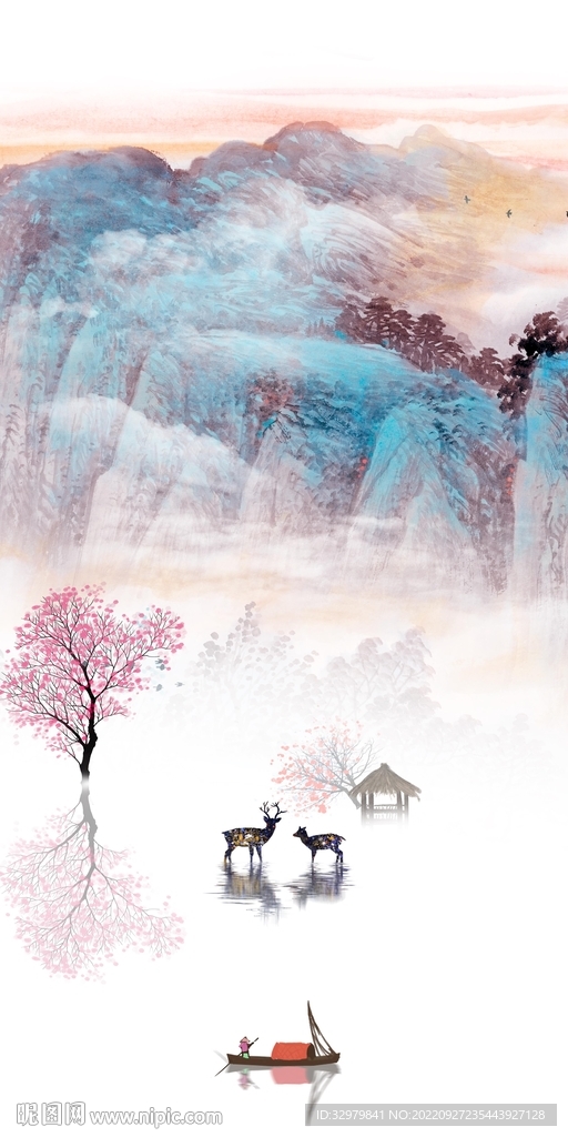 国画 玄关中式山水 TIf分层