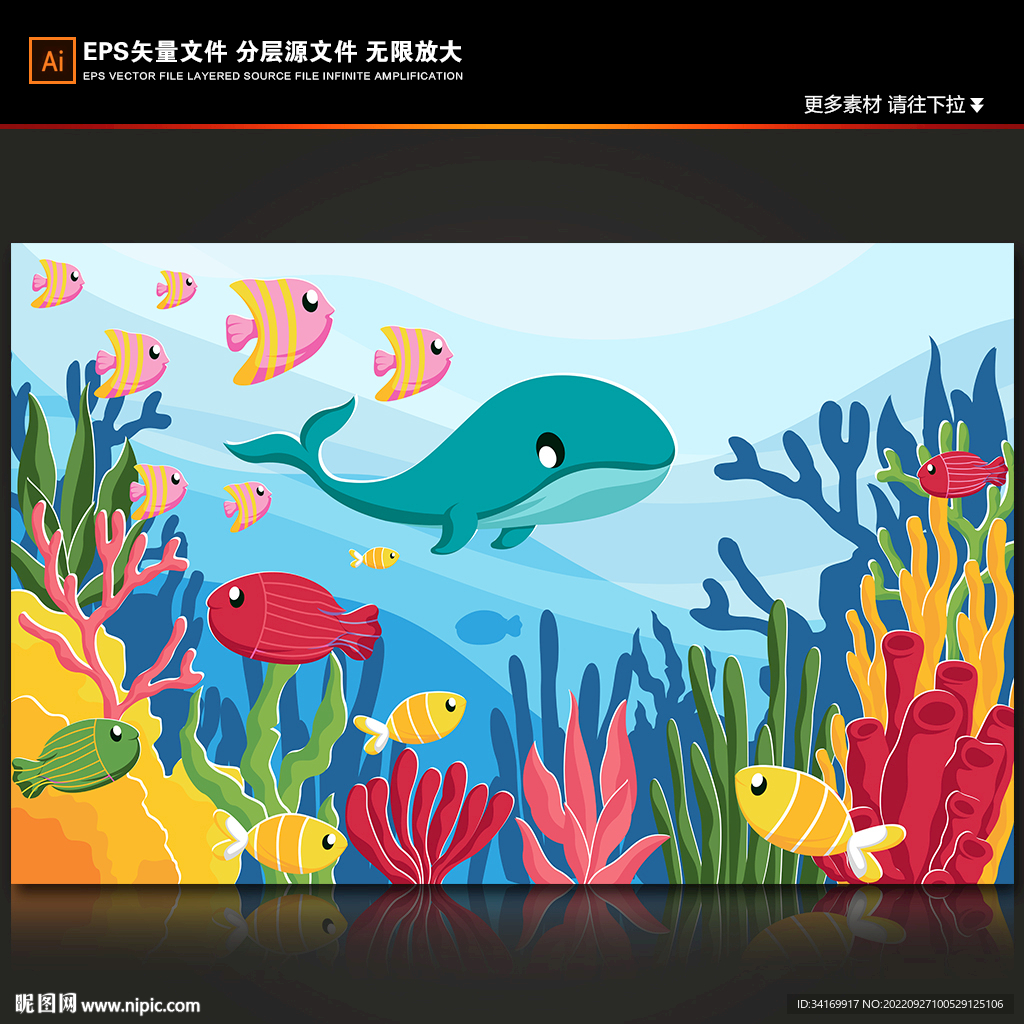 卡通海洋世界海豚热带鱼珊瑚背景