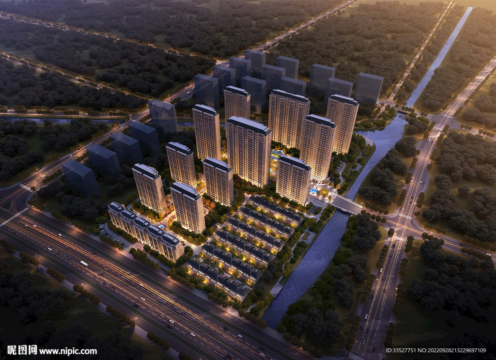 住宅小区夜景鸟瞰效果图