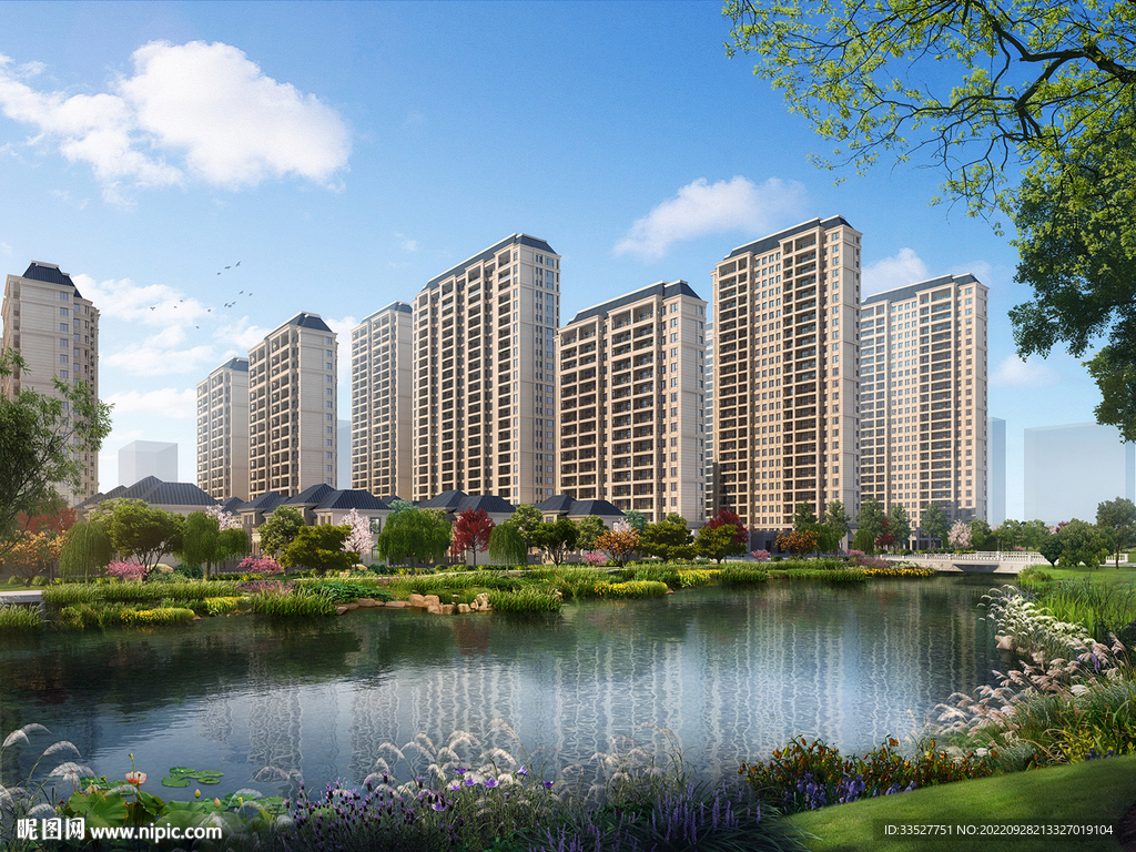 住宅小区沿河群体透视效果图