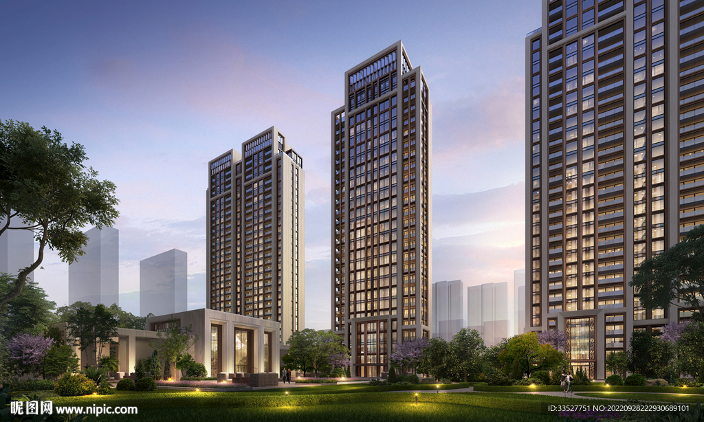 高层住宅群体黄昏夜景透视效果图