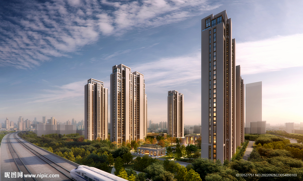 住宅小区黄昏半鸟瞰效果图