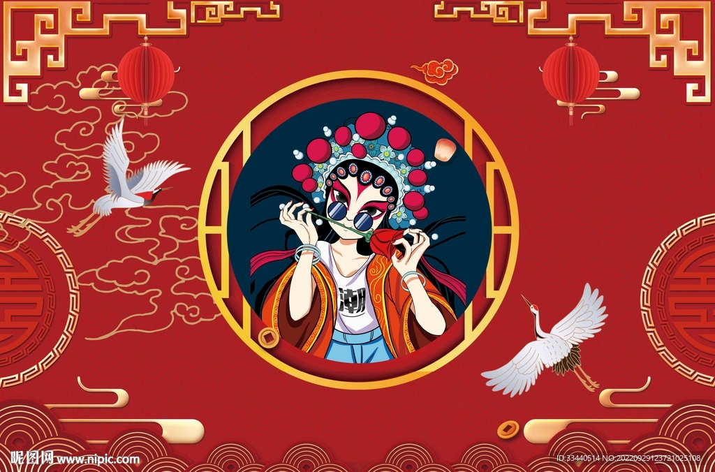 国潮风背景美女叼花图