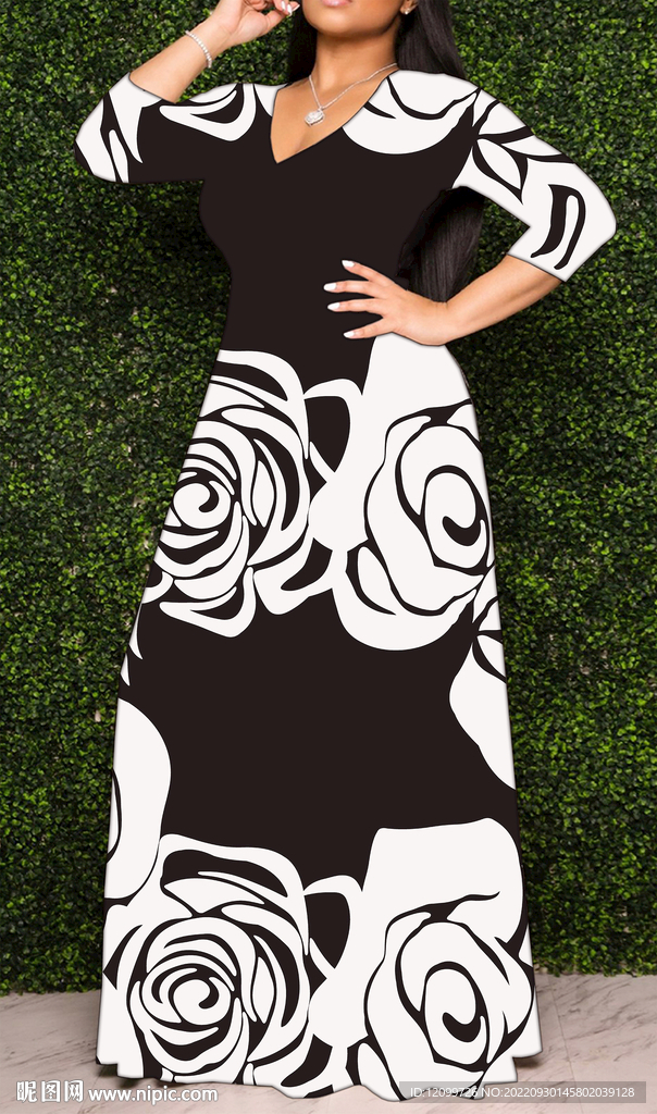 大牌数码印花黑底白玫瑰
